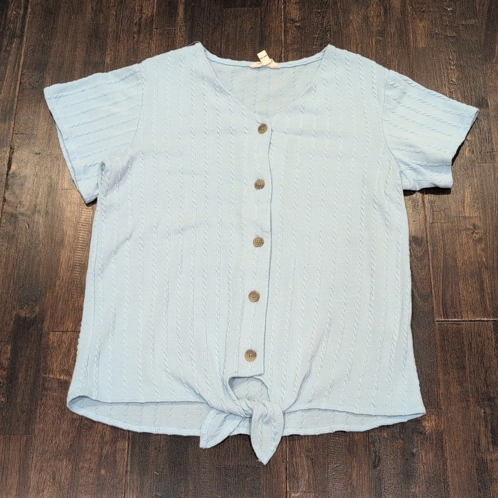 Weatherproof Vintage Light Blue Cable Knit Tie Front Short Sleeve Top Size Sâ